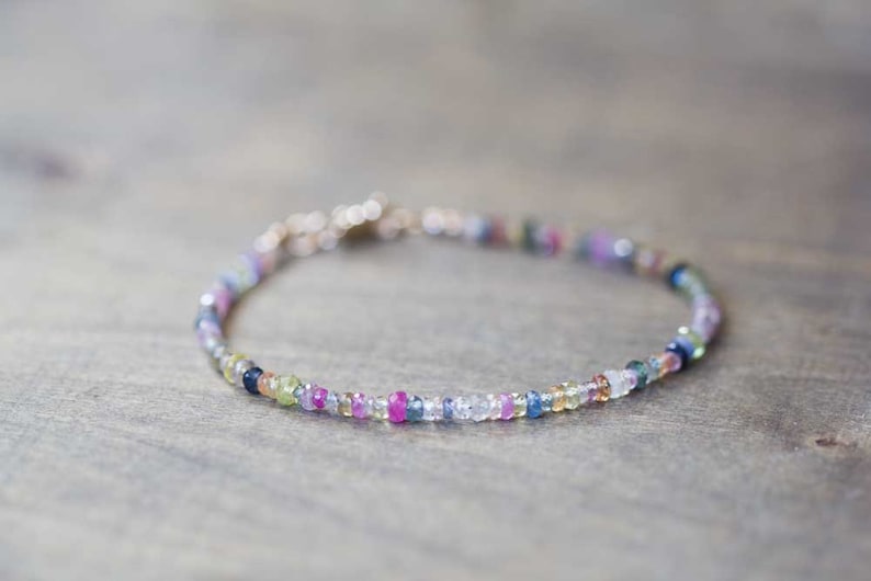 Multi Color Sapphire Bracelet, Rose Gold Fill or Sterling Silver, Delicate Beaded September Birthstone Jewelry