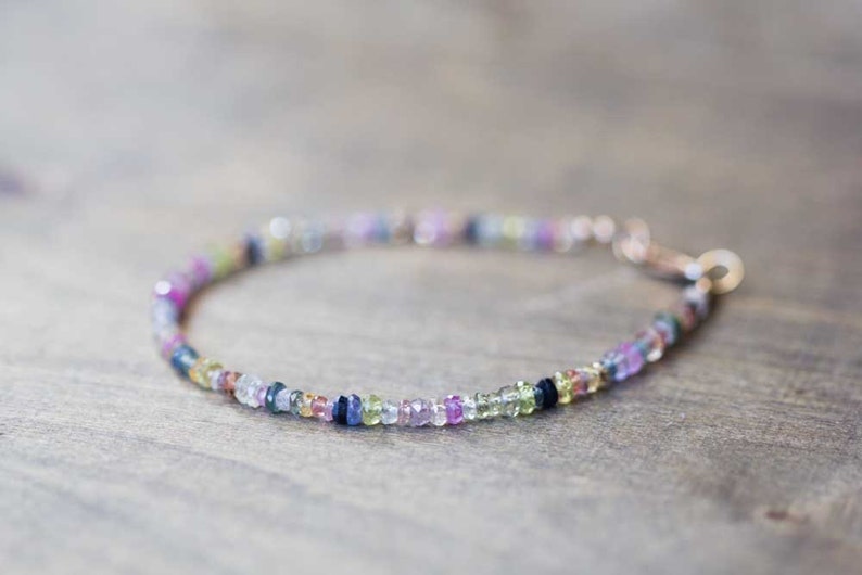 Multi Color Sapphire Bracelet, Rose Gold Fill or Sterling Silver, Delicate Beaded September Birthstone Jewelry