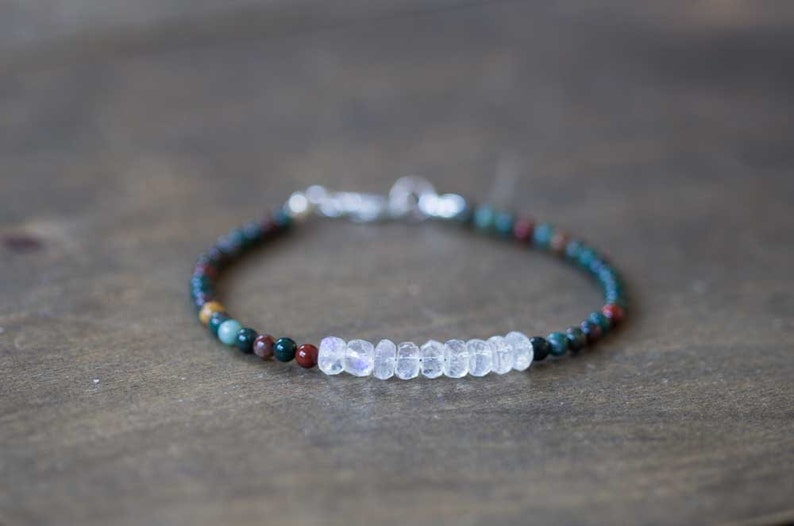 Bloodstone Bracelet with Rainbow Moonstone, Multi Gemstone Bracelet, Moonstone Jewelry, Sterling Silver Rose Gold Fill, Bloodstone Jewelry