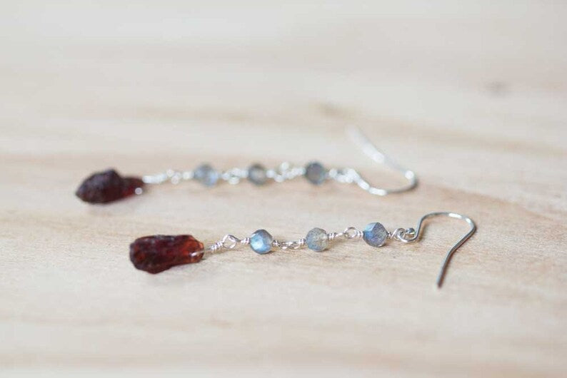 Labradorite & Rough Garnet Earrings, Multi Gemstone Dangle Earrings, Sterling Silver or Rose Gold Filled, Wire Wrapped Raw Garnet Earrings