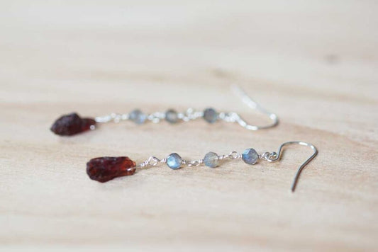 Labradorite & Rough Garnet Earrings, Multi Gemstone Dangle Earrings, Sterling Silver or Rose Gold Filled, Wire Wrapped Raw Garnet Earrings