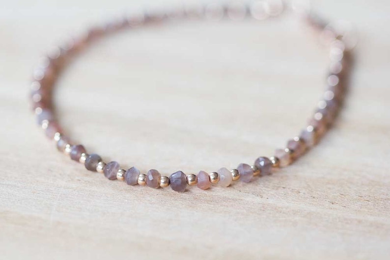 Chocolate Moonstone Bracelet with Rose Gold Fill or Sterling Silver, Delicate Gemstone Beaded Bracelet, Peach Brown Coffee Moonstone Jewelry