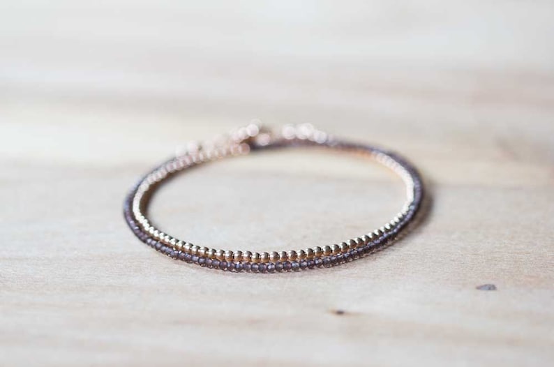 Smoky Quartz Bracelet with Rose Gold Fill or Sterling Silver, Delicate Double Wrap Gemstone Bracelet, Smokey Quartz Jewelry, Choker Necklace