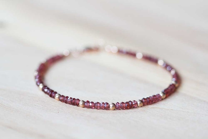 Red Garnet Bracelet with Rose Gold Fill or Sterling Silver, Delicate Gemstone Beaded Stacking Bracelet, Garnet Jewelry, January Birthstone