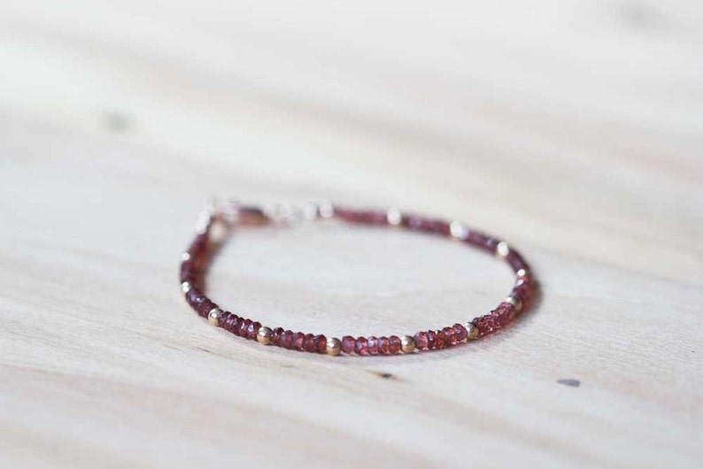 Red Garnet Bracelet with Rose Gold Fill or Sterling Silver, Delicate Gemstone Beaded Stacking Bracelet, Garnet Jewelry, January Birthstone