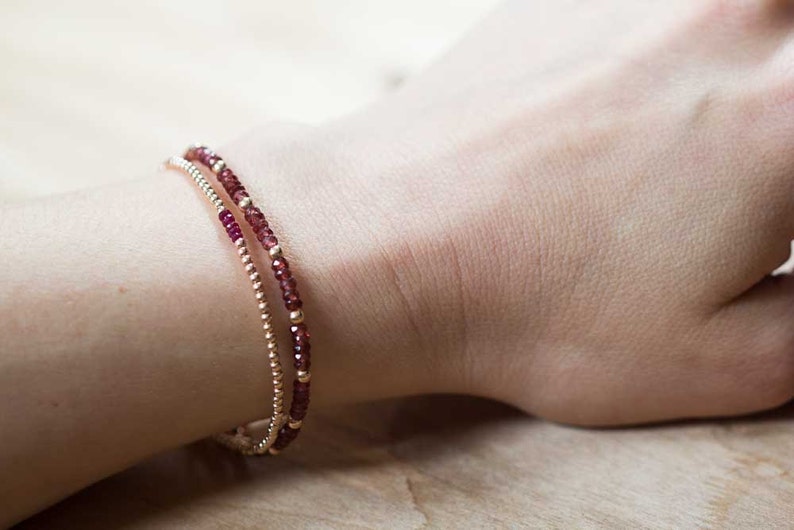 Red Garnet Bracelet with Rose Gold Fill or Sterling Silver, Delicate Gemstone Beaded Stacking Bracelet, Garnet Jewelry, January Birthstone