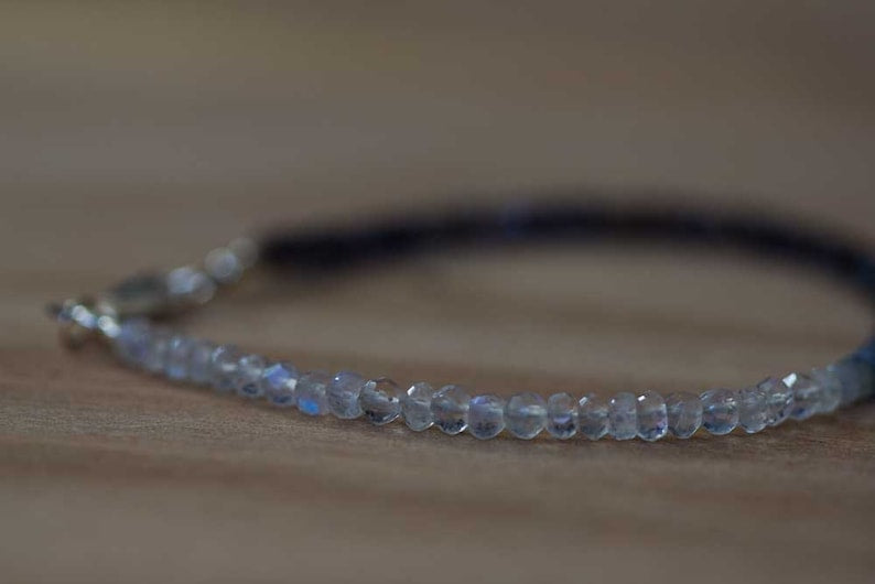 Rainbow Moonstone, Iolite & Sapphire Bracelet, Dainty Shaded Blue Sapphire Jewelry, Sterling Silver Rose Gold Fill Moonstone Bracelet