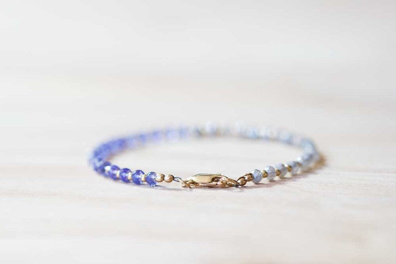 Labradorite & Tanzanite Bracelet with Rose Gold Fill or Sterling Silver, Dainty Natural Gemstone Jewelry