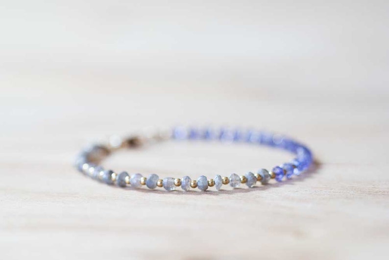 Labradorite & Tanzanite Bracelet with Rose Gold Fill or Sterling Silver, Dainty Natural Gemstone Jewelry