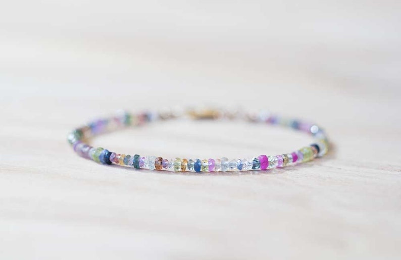 Multi Color Sapphire Bracelet, Rose Gold Fill or Sterling Silver, Delicate Beaded September Birthstone Jewelry