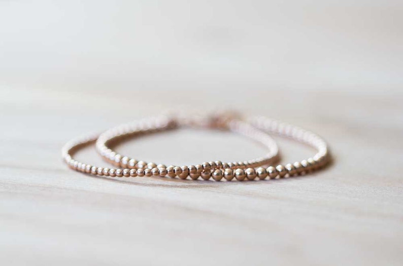 Rose Gold Filled Beaded Bracelet, Skinny Delicate Bracelet, Pink Gold Jewelry, Rose Gold Stacking Jewelry, 2mm or 3mm Beads, Stretch Elastic