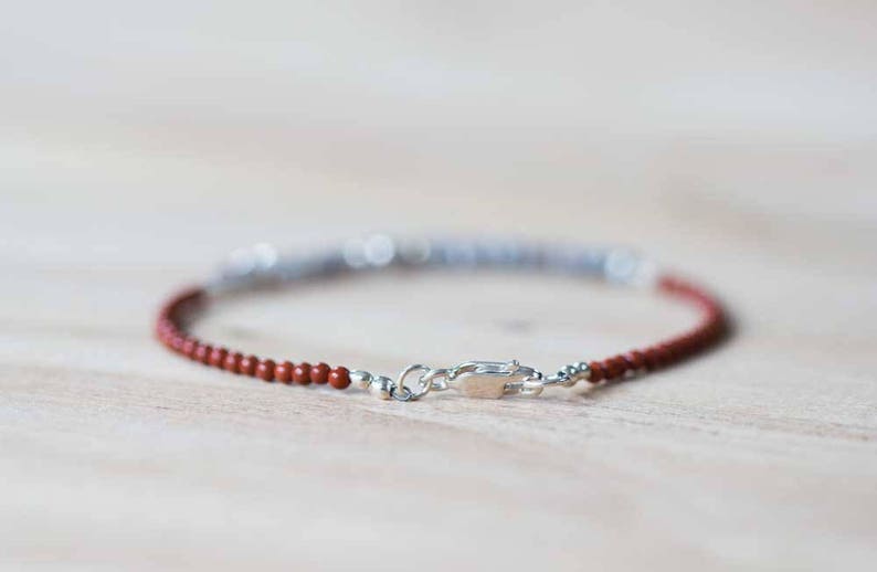 Red Jasper and Labradorite Bracelet, Delicate Gemstone Skinny Bracelet, Labradorite Jewelry, Sterling Silver Red Gemstone Stackable Bracelet