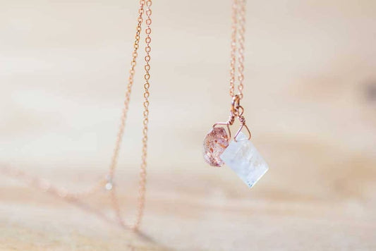 Moonstone & Sunstone Pendant on Rose Gold Filled or Sterling Silver Chain, Sunstone Necklace, Moonstone Jewelry, Delicate Everyday Layering