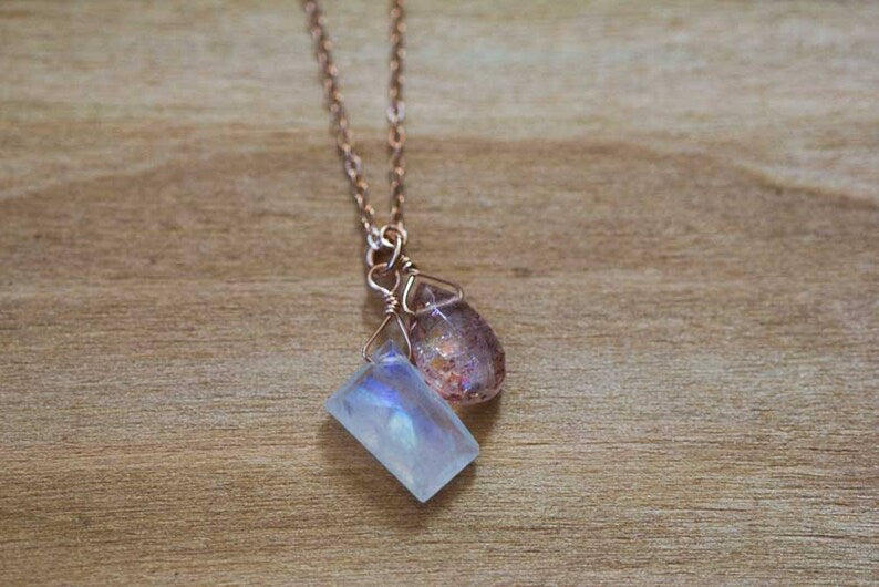 Moonstone & Sunstone Pendant on Rose Gold Filled or Sterling Silver Chain, Sunstone Necklace, Moonstone Jewelry, Delicate Everyday Layering