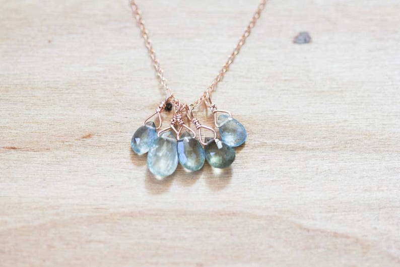 Moss Aquamarine Necklace, Cluster Pendant on Rose Gold Fill or Sterling Silver Chain, Delicate March Birthstone Necklace, Aquamarine Jewelry