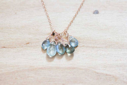 Moss Aquamarine Necklace, Cluster Pendant on Rose Gold Fill or Sterling Silver Chain, Delicate March Birthstone Necklace, Aquamarine Jewelry