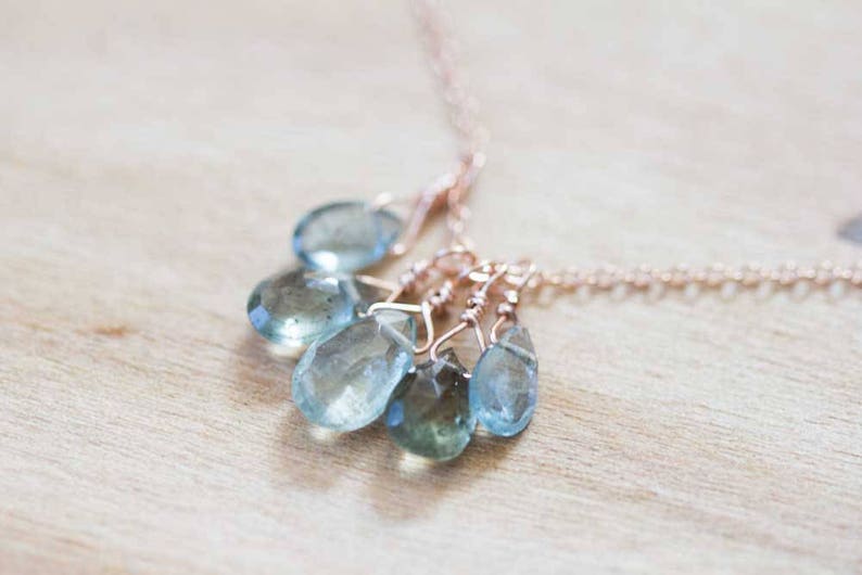 Moss Aquamarine Necklace, Cluster Pendant on Rose Gold Fill or Sterling Silver Chain, Delicate March Birthstone Necklace, Aquamarine Jewelry
