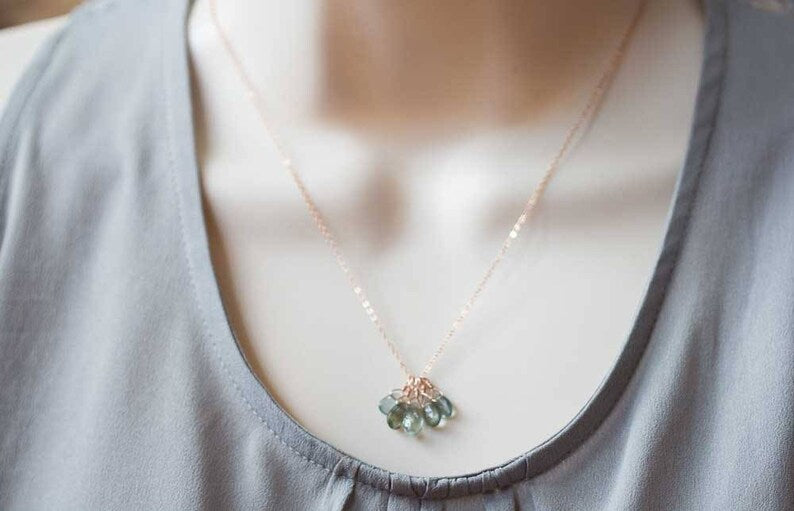 Moss Aquamarine Necklace, Cluster Pendant on Rose Gold Fill or Sterling Silver Chain, Delicate March Birthstone Necklace, Aquamarine Jewelry