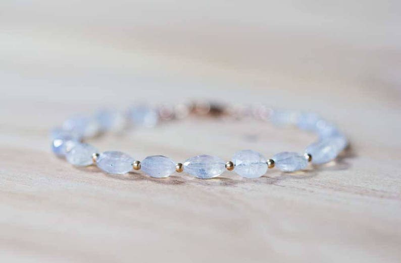 Rainbow Moonstone Bracelet with Rose Gold Filled or Sterling Silver, Beaded Rainbow Moonstone Jewelry, White Gemstone Stacking Bracelet