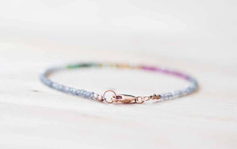 Labradorite & Tourmaline Bracelet, Dainty Beaded Multi Gemstone Jewelry