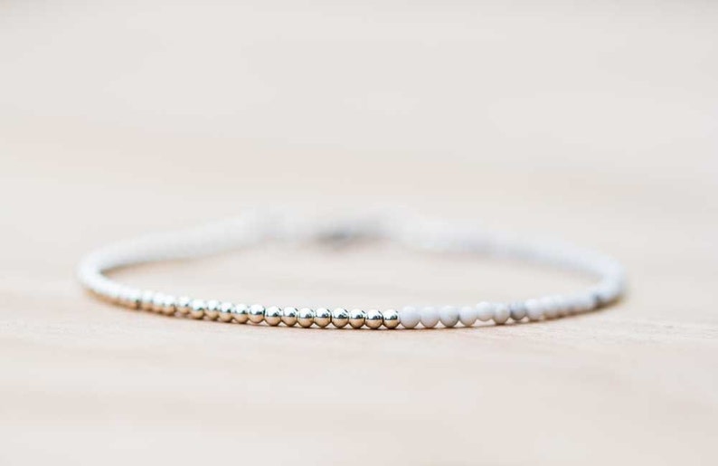 Ultra Delicate White Howlite Bracelet, Sterling Silver or Rose Gold Filled, White Gemstone Skinny Stacking Bracelet, White Howlite Jewelry