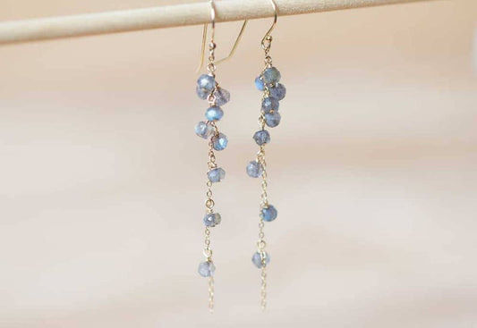 Labradorite Cluster Dangle Earrings, Labradorite Jewelry, Delicate Sterling Silver or Rose Gold Filled Earrings