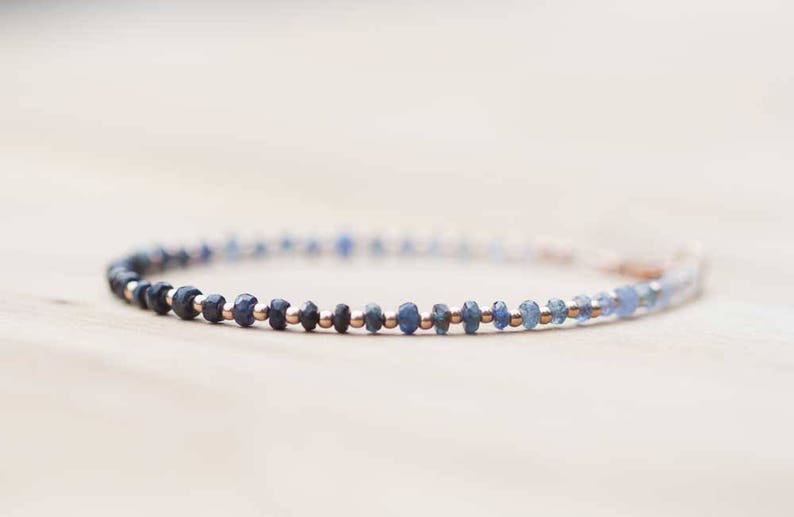 Sapphire Bracelet with Rose Gold Filled or Sterling Silver, Delicate Shaded Sapphire Bracelet, Blue Sapphire Jewelry, Beaded Ombre Bracelet