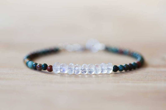 Bloodstone Bracelet with Rainbow Moonstone, Multi Gemstone Bracelet, Moonstone Jewelry, Sterling Silver Rose Gold Fill, Bloodstone Jewelry