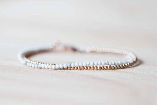 White Howlite Bracelet with Rose Gold Fill or Sterling Silver, Delicate Double Wrap White Gemstone Bracelet, Howlite Jewelry