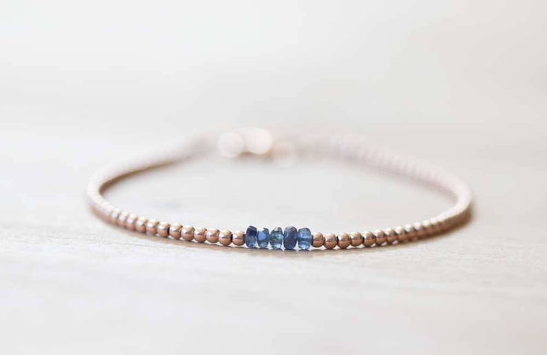 Ultra Dainty Rose Gold Fill Beaded Bracelet with Sapphire, Skinny Beaded Stacking Bracelet, Pink Gold Fill Jewelry