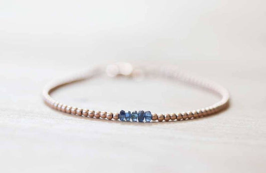 Ultra Dainty Rose Gold Fill Beaded Bracelet with Sapphire, Skinny Beaded Stacking Bracelet, Pink Gold Fill Jewelry