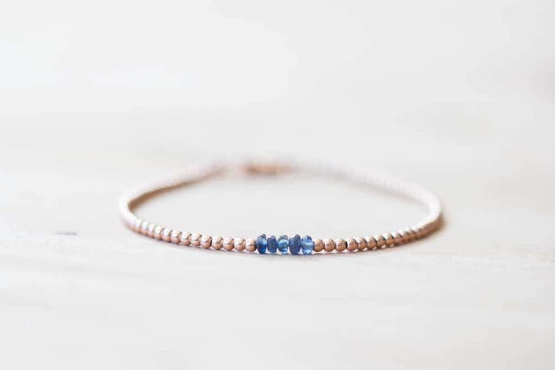 Ultra Dainty Rose Gold Fill Beaded Bracelet with Sapphire, Skinny Beaded Stacking Bracelet, Pink Gold Fill Jewelry