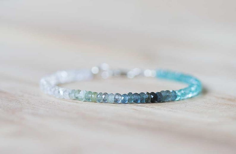 Moss Aquamarine, Apatite & Rainbow Moonstone Bracelet, Beaded Multi Gemstone Blue Green Ombre Bracelet, Sterling Silver Rose Gold Fill
