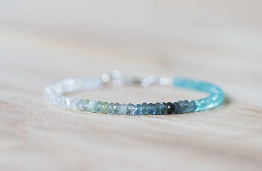 Moss Aquamarine, Apatite & Rainbow Moonstone Bracelet, Beaded Multi Gemstone Blue Green Ombre Bracelet, Sterling Silver Rose Gold Fill