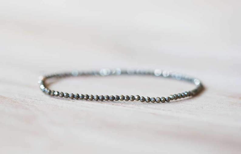 Delicate Pyrite Stretch Bracelet, Beaded Pyrite Jewelry, Gemstone Elastic Stacking Bracelet, Minimal Simple Fools Gold