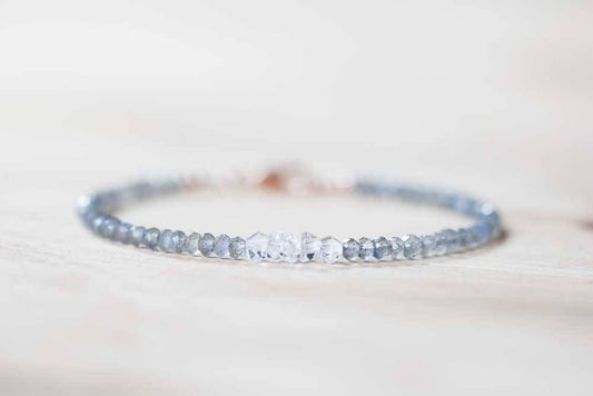 Labradorite & Herkimer Diamond Bracelet, Delicate Quartz Crystal Jewelry, Beaded Labradorite Bracelet, Rose Gold Fill or Sterling Silver