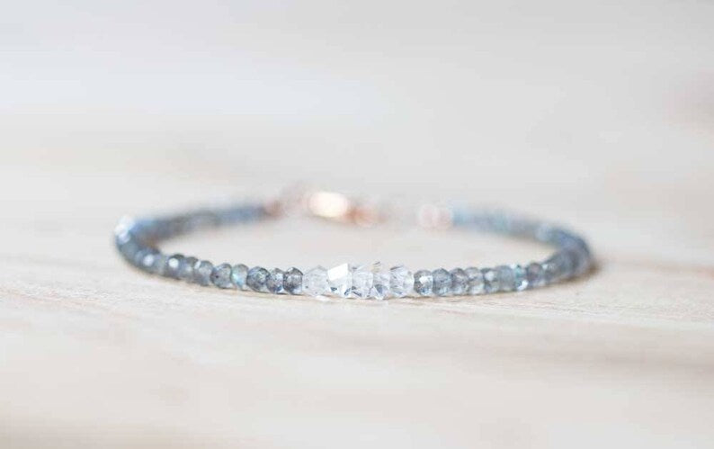 Labradorite & Herkimer Diamond Bracelet, Delicate Quartz Crystal Jewelry, Beaded Labradorite Bracelet, Rose Gold Fill or Sterling Silver