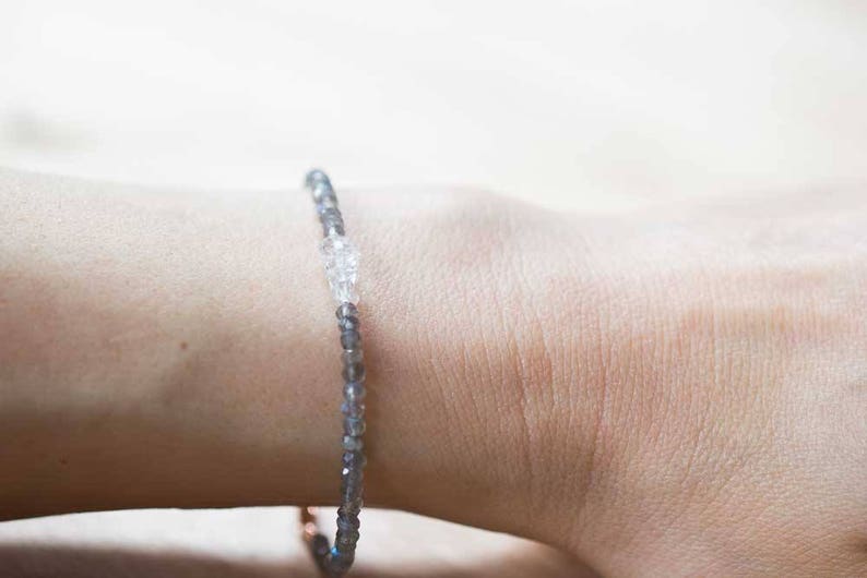 Labradorite & Herkimer Diamond Bracelet, Delicate Quartz Crystal Jewelry, Beaded Labradorite Bracelet, Rose Gold Fill or Sterling Silver