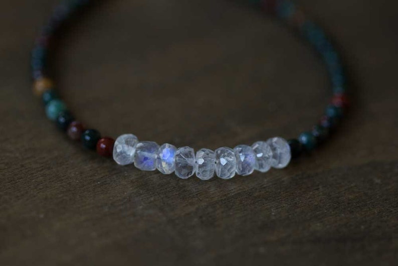 Bloodstone Bracelet with Rainbow Moonstone, Multi Gemstone Bracelet, Moonstone Jewelry, Sterling Silver Rose Gold Fill, Bloodstone Jewelry