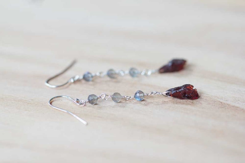 Labradorite & Rough Garnet Earrings, Multi Gemstone Dangle Earrings, Sterling Silver or Rose Gold Filled, Wire Wrapped Raw Garnet Earrings