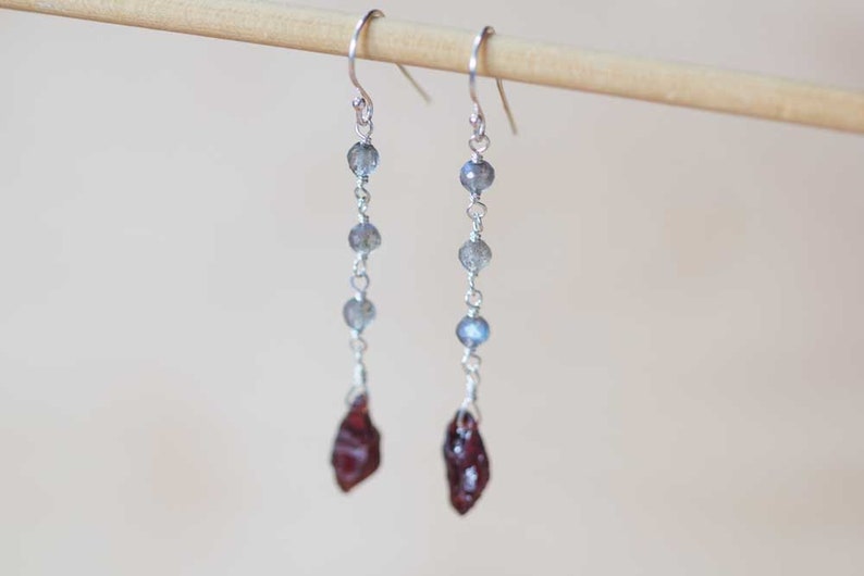 Labradorite & Rough Garnet Earrings, Multi Gemstone Dangle Earrings, Sterling Silver or Rose Gold Filled, Wire Wrapped Raw Garnet Earrings