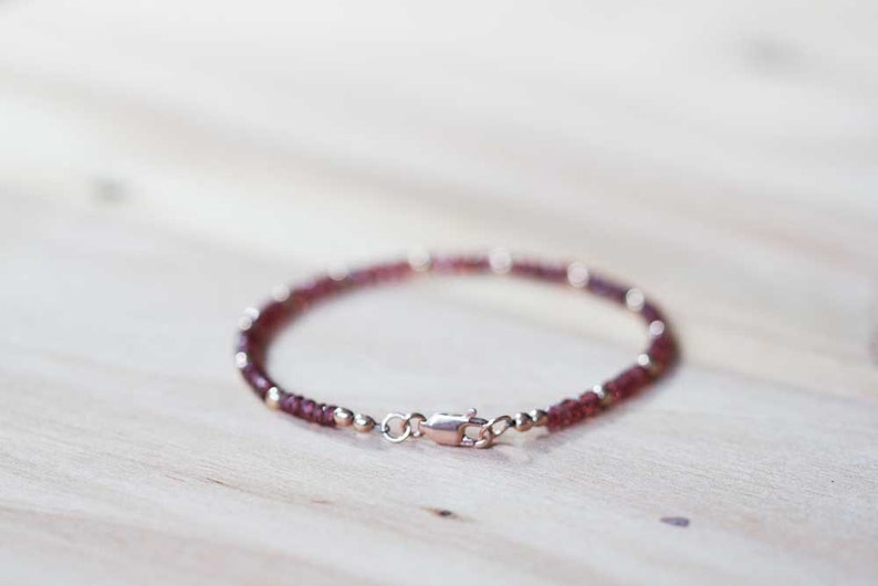 Red Garnet Bracelet with Rose Gold Fill or Sterling Silver, Delicate Gemstone Beaded Stacking Bracelet, Garnet Jewelry, January Birthstone