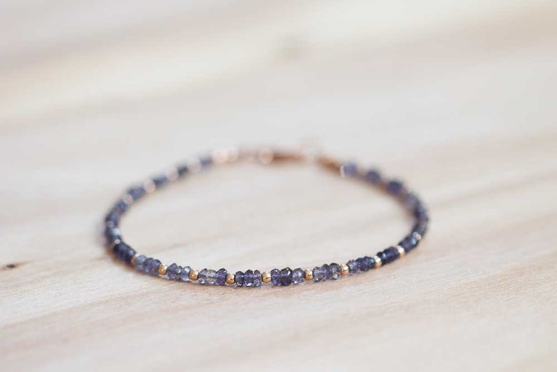 Delicate Iolite Bracelet with Rose Gold Fill or Sterling Silver, Delicate Gemstone Beaded Stacking Bracelet, Iolite Jewelry, Blue Gemstone