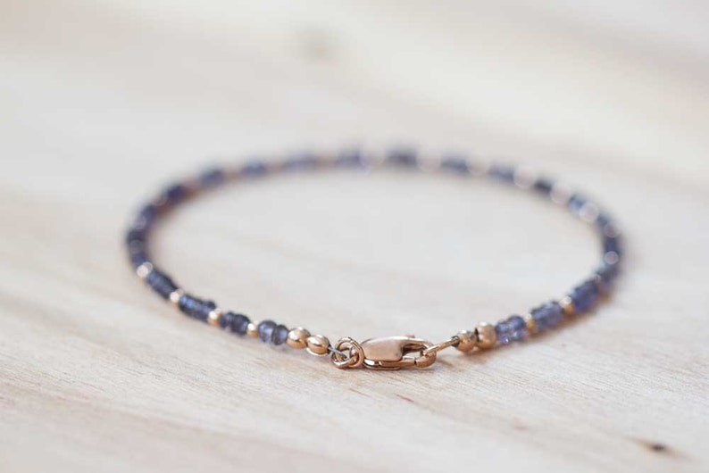 Delicate Iolite Bracelet with Rose Gold Fill or Sterling Silver, Delicate Gemstone Beaded Stacking Bracelet, Iolite Jewelry, Blue Gemstone