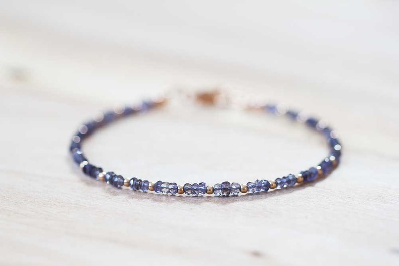 Delicate Iolite Bracelet with Rose Gold Fill or Sterling Silver, Delicate Gemstone Beaded Stacking Bracelet, Iolite Jewelry, Blue Gemstone