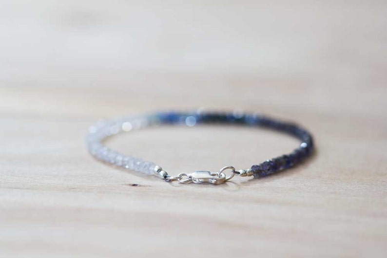 Rainbow Moonstone, Iolite & Sapphire Bracelet, Dainty Shaded Blue Sapphire Jewelry, Sterling Silver Rose Gold Fill Moonstone Bracelet