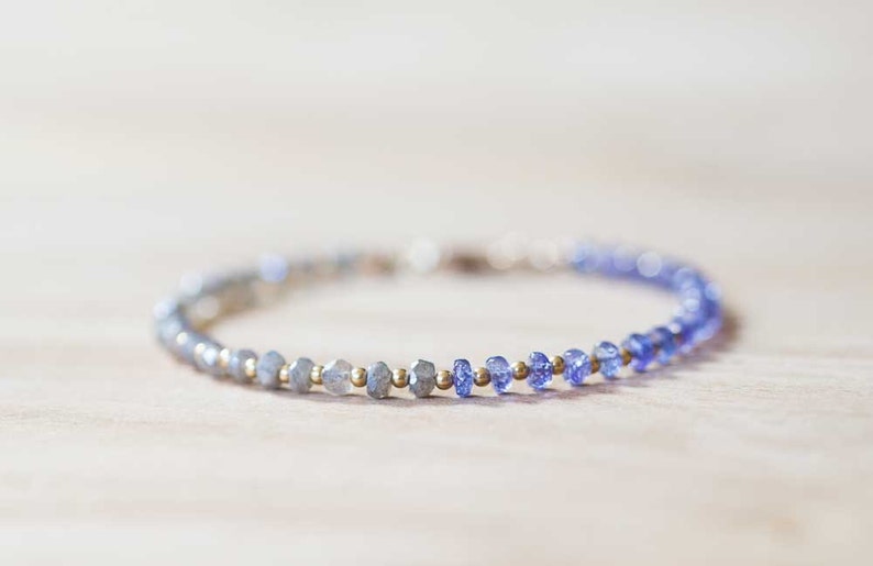 Labradorite & Tanzanite Bracelet with Rose Gold Fill or Sterling Silver, Dainty Natural Gemstone Jewelry