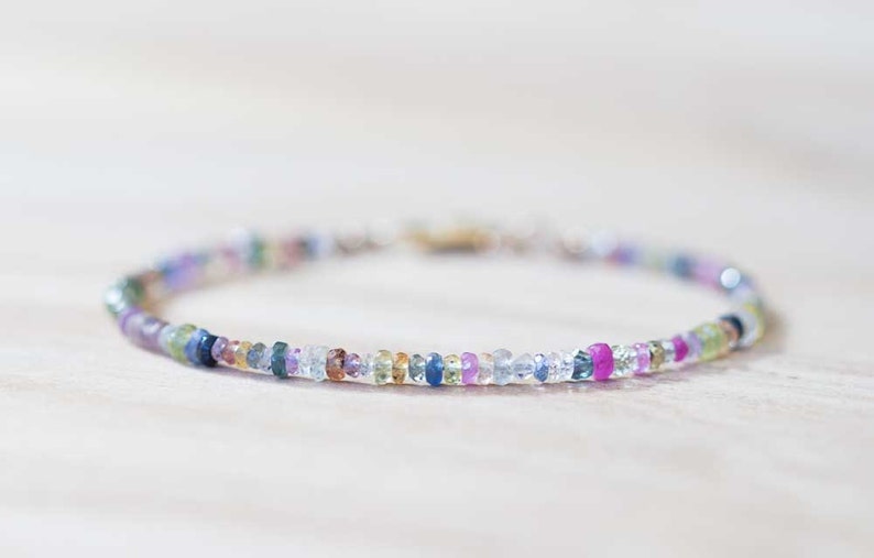 Multi Color Sapphire Bracelet, Rose Gold Fill or Sterling Silver, Delicate Beaded September Birthstone Jewelry