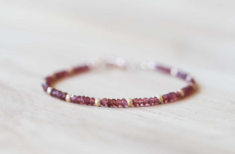 Red Garnet Bracelet with Rose Gold Fill or Sterling Silver, Delicate Gemstone Beaded Stacking Bracelet, Garnet Jewelry, January Birthstone