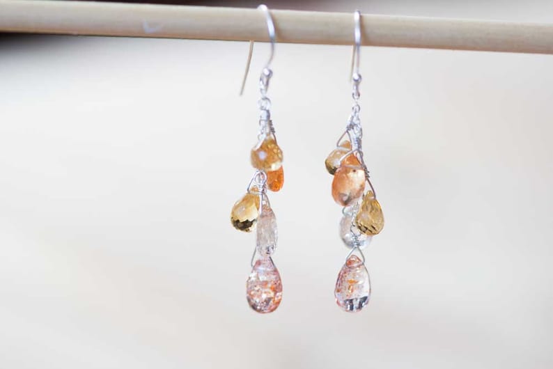 Sunstone & Citrine Dangle Earrings, Rose Gold Filled or Sterling Silver, Delicate Sunstone Jewelry, Citrine Earrings, Sunstone Earrings